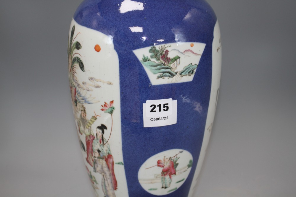 A 19th century Chinese famille rose baluster vase, now cut down and mounted as a table lamp, decorated with panels of immortals
